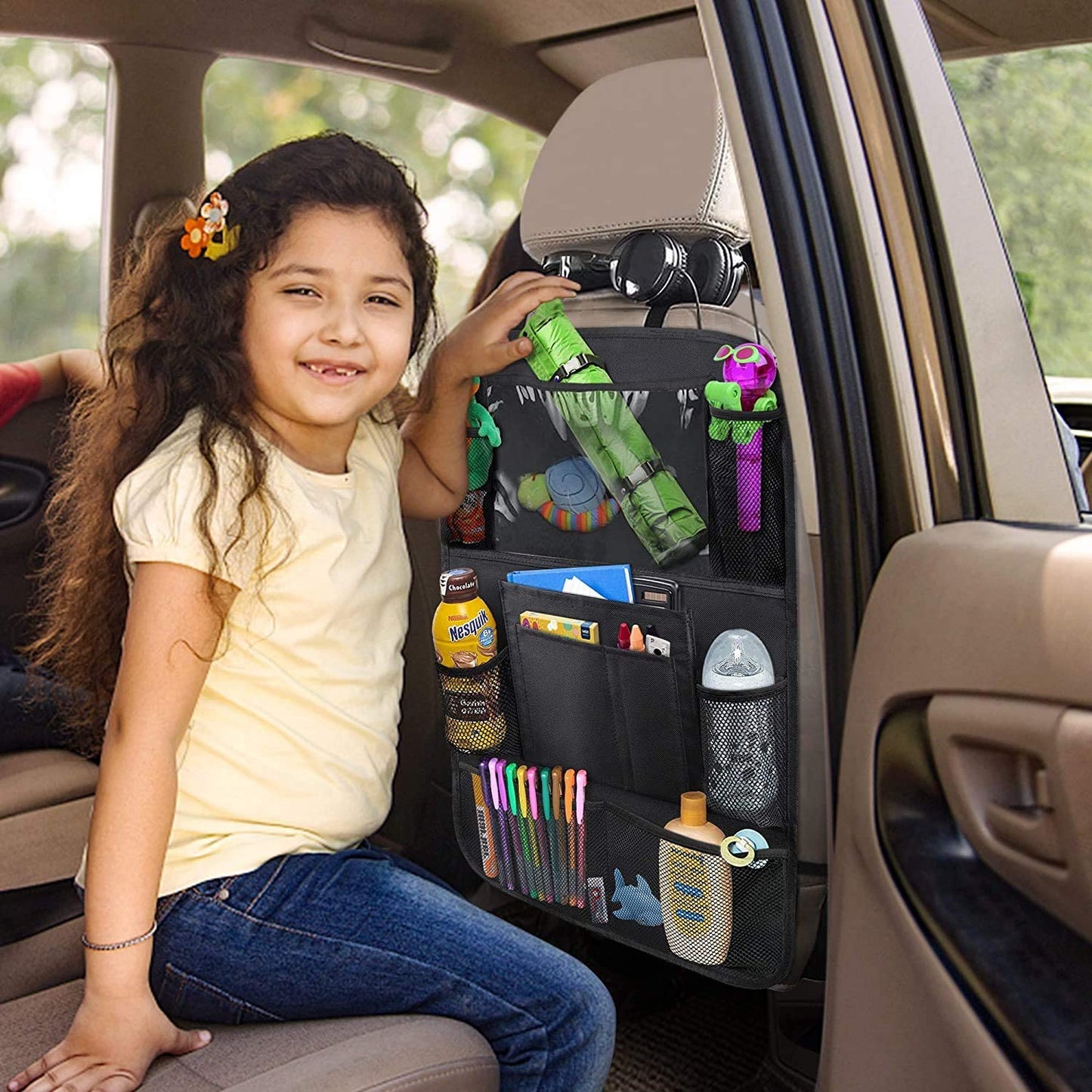 Skørter | ULEEKA Backseat Organizer with 10" Cup Holder, 9 Storage Pockets Backseat Protectors Kick Mats for Kids Toddlers, Travel Gear, Black, 2 Pack
