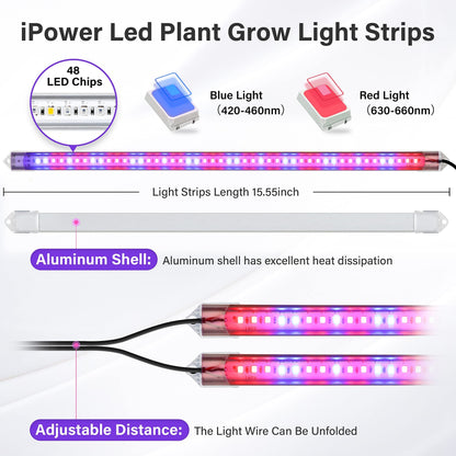 Skorter | Ipower 20W Led Grow Light Strips, Full Spectrum, 2 Tubes With Timer & Dimmable Levels, Red/