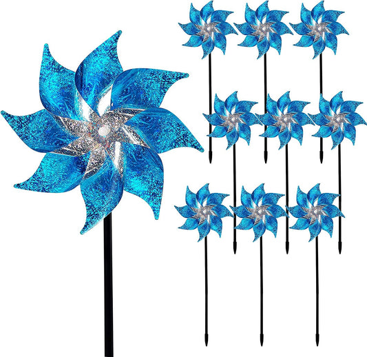 Skorter | 10 Pack Reflective Pinwheels Patriotic Decorations, American Flag on Pole Wind Spinner with Support for Independence Day, Memorial Day July 4th Party Supplies, Scare Birds Repellent Devices