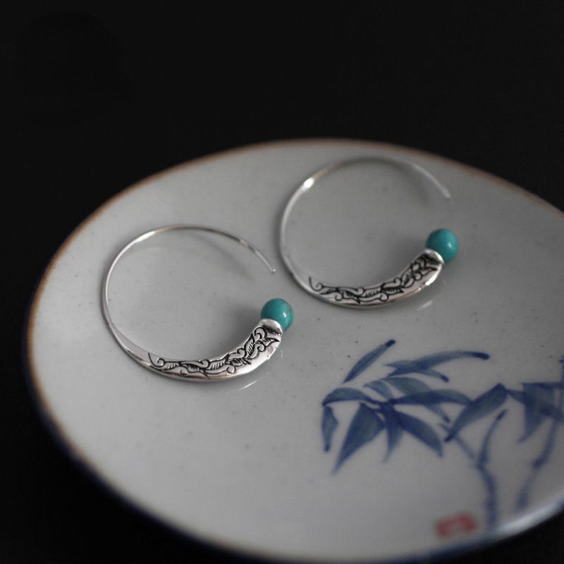 Skorter | Blue Tibetan silver national handmade retro style earrings engraved turquoise Chinese style earrings