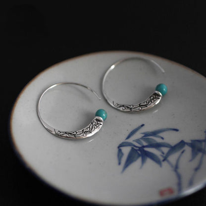 Skorter | Blue Tibetan silver national handmade retro style earrings engraved turquoise Chinese style earrings