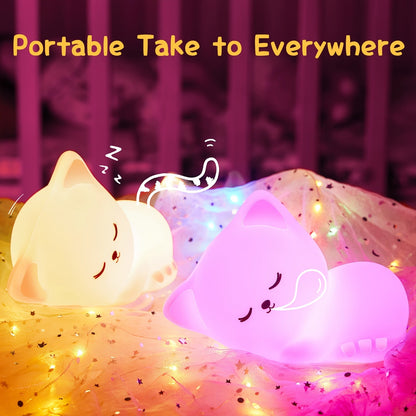 Skorter | KittyGlow - Cute Cat Night Light with Remote Control and USB Rechargeable Silicone Lamp
