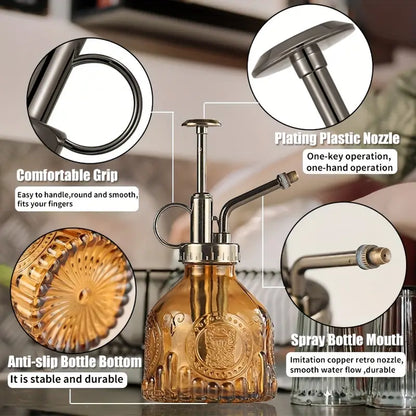 Skorter | Embossed glass bottle with metal nozzle – Plant sprayer for flower watering in vintage design