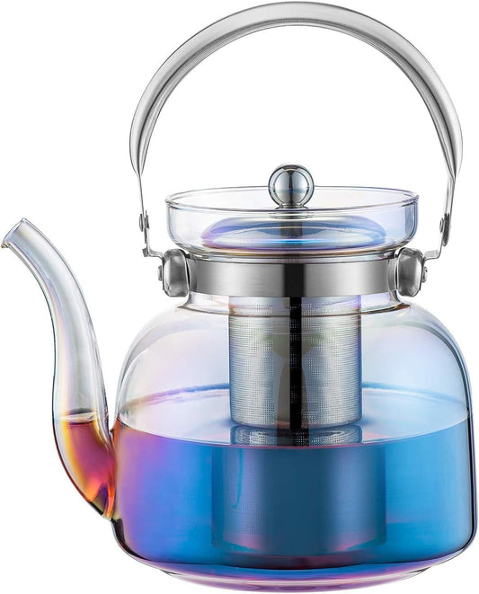Skorter | 50 Oz(1500Ml) Glass Teapot with Lid, Removable Stainless Steel Tea Strainer and Handle, Stovetop Safe Tea Maker for Blooming and Loose Leaf Tea (Iridescent)