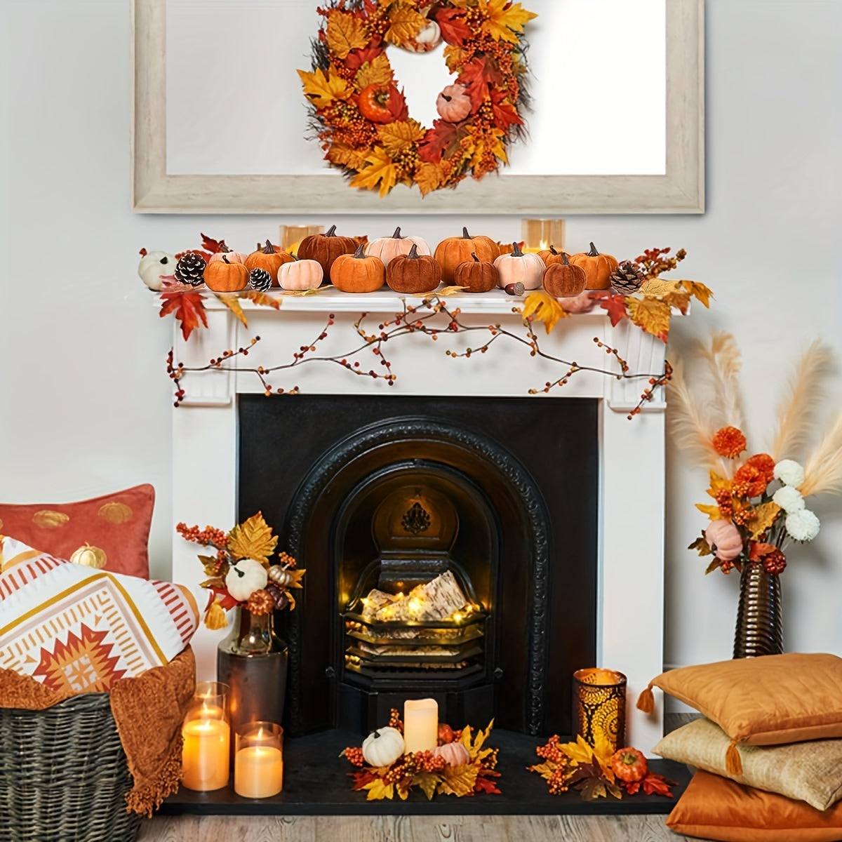 Skorter | Autumn Decoration Pumpkin Set – 12 Pieces Artificial Pumpkins with Velvet Finish