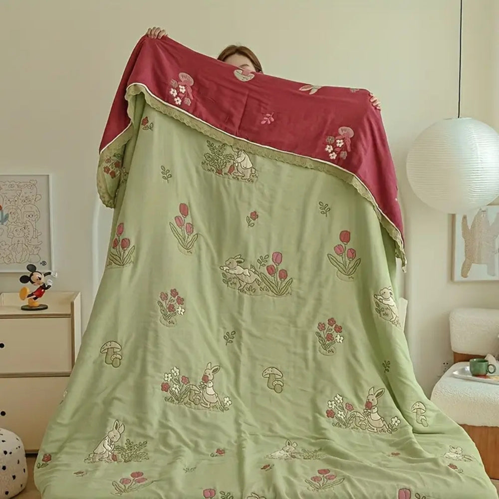 Skorter | Embroidered Bunny Floral Cotton Blanket