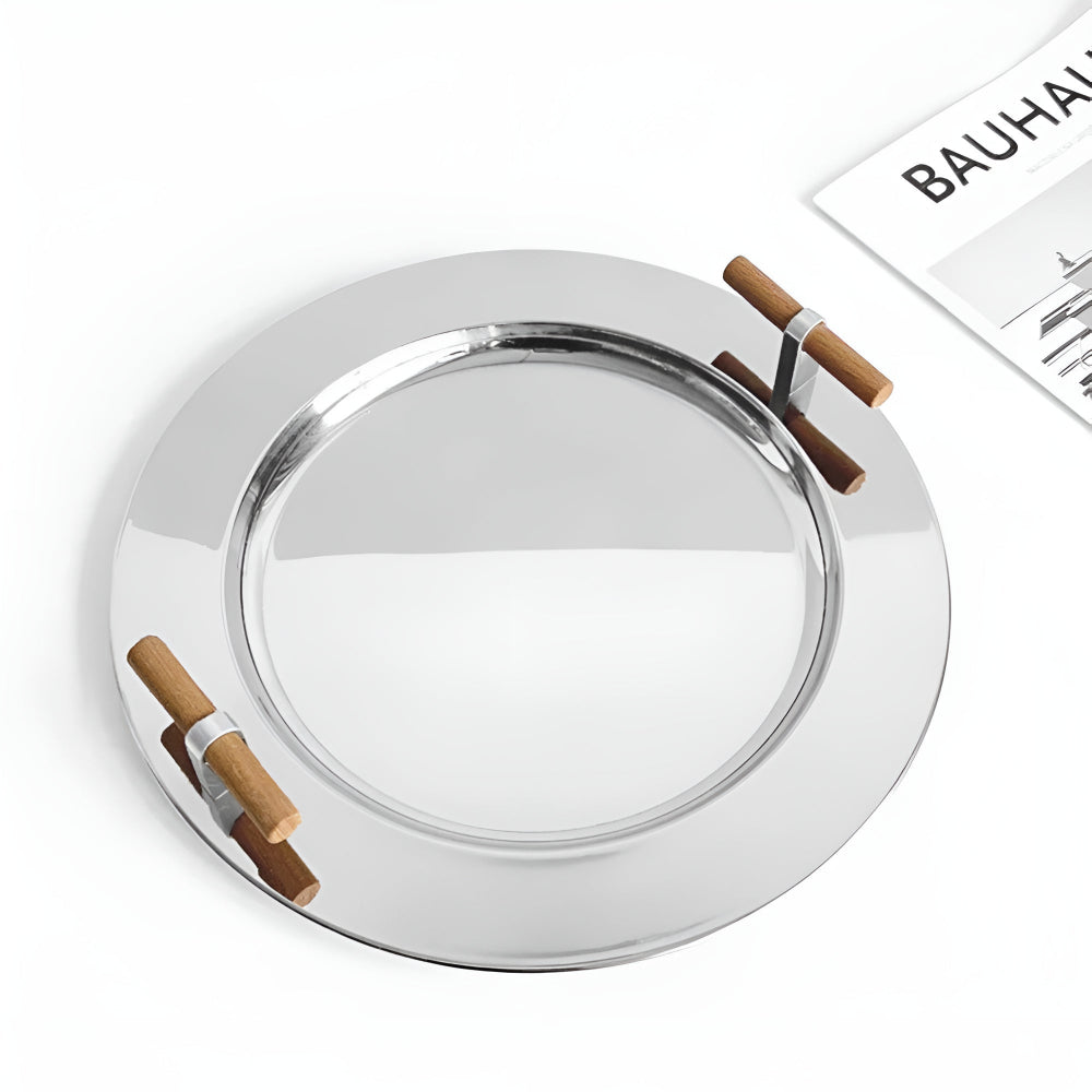 Skorter | Elegant Stainless Steel Round Tray with Wooden Handles