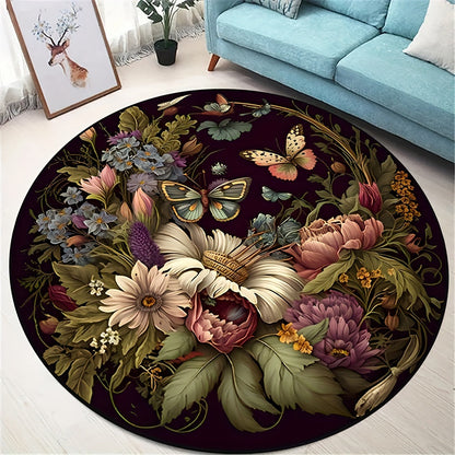 Skorter | Darkness Butterfly Floral Round Rug - Non-slip, Washable, soft and comfortable polyester rug for living room, bedroom, office and children's room