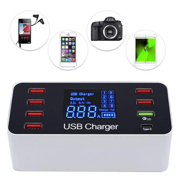 Skorter | 8A40W Charger Adapter Type C Hub Fast Charging 3.0 USB Multi-port USB Charger Dock Station LCD Screen with Smart Identification