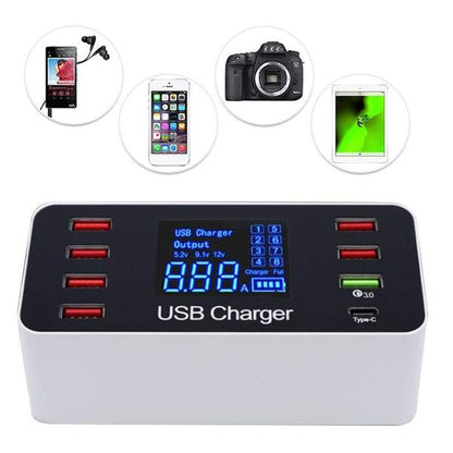 Skorter | 8A40W Charger Adapter Type C Hub Fast Charging 3.0 USB Multi-port USB Charger Dock Station LCD Screen with Smart Identification