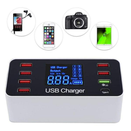 Skorter | 8A40W Charger Adapter Type C Hub Fast Charging 3.0 USB Multi-port USB Charger Dock Station LCD Screen with Smart Identification