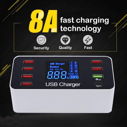 Skorter | 8A40W Charger Adapter Type C Hub Fast Charging 3.0 USB Multi-port USB Charger Dock Station LCD Screen with Smart Identification
