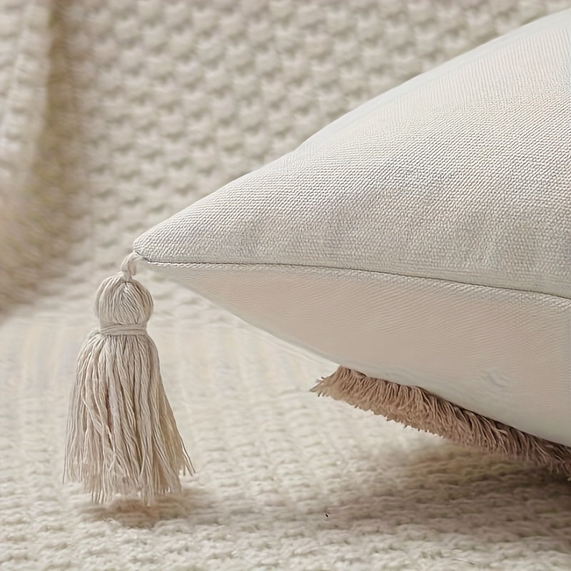 Skorter | Boho Beige Cushion Cover with Fringes - For Sofa and Bed (without filling)
