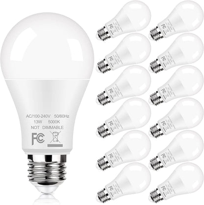 Skorter | 12-Pack A19 LED Bulbs, 100W Equivalent Bulbs, 13W 5000K Daylight White LED Bulbs with Standard E26 Medium Base