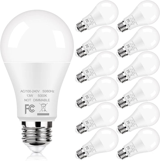 Skorter | 12-Pack A19 LED Bulbs, 100W Equivalent Bulbs, 13W 5000K Daylight White LED Bulbs with Standard E26 Medium Base