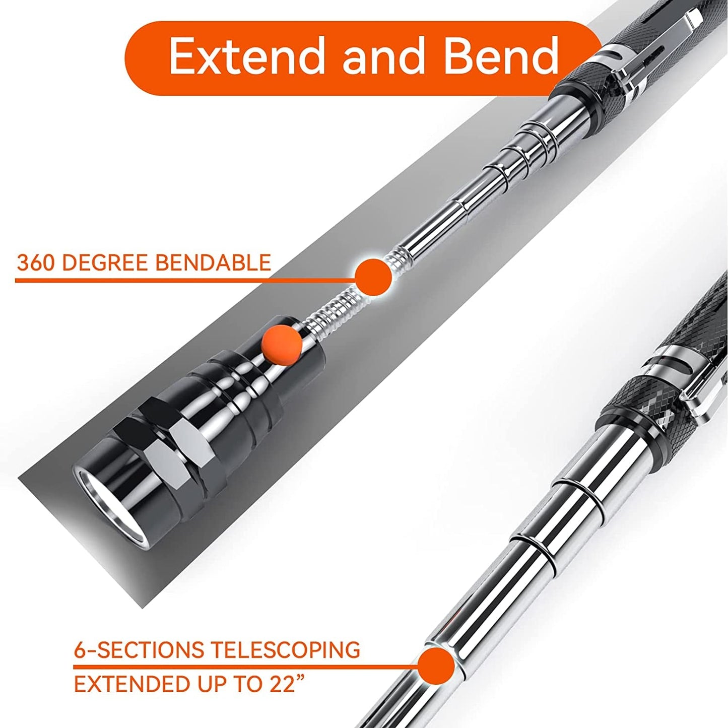 Skorter | Telescoping Magnetic Pickup Tool, LED Magnetic Flashlights with Extending Magnetic Rod, Birthday Gifts for Men, Father, Spouse, Craftsman, and Mechanic, Black