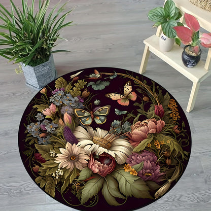 Skorter | Darkness Butterfly Floral Round Rug - Non-slip, Washable, soft and comfortable polyester rug for living room, bedroom, office and children's room