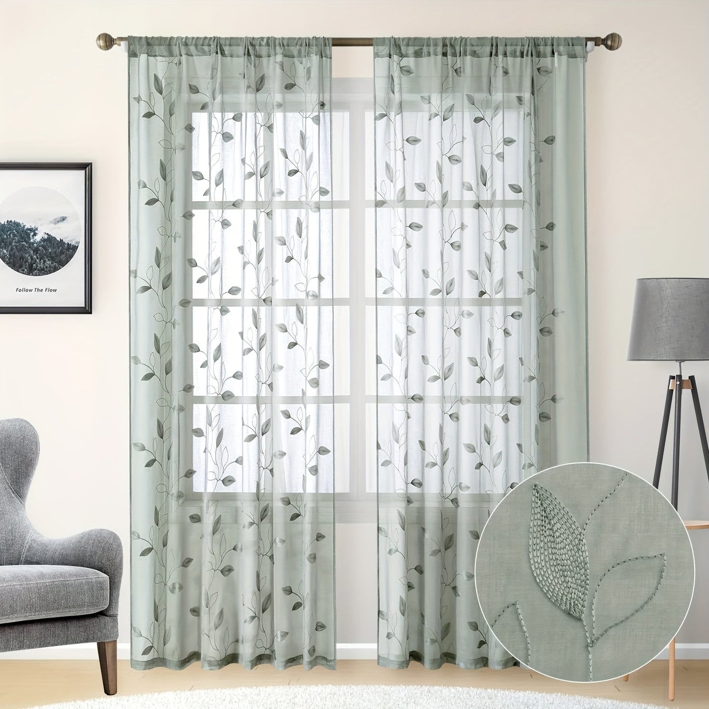 Skorter | Embroidered curtains with leaves - 2 pcs semi-transparent for bedroom and living room