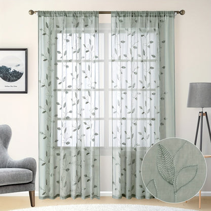 Skorter | Embroidered curtains with leaves - 2 pcs semi-transparent for bedroom and living room
