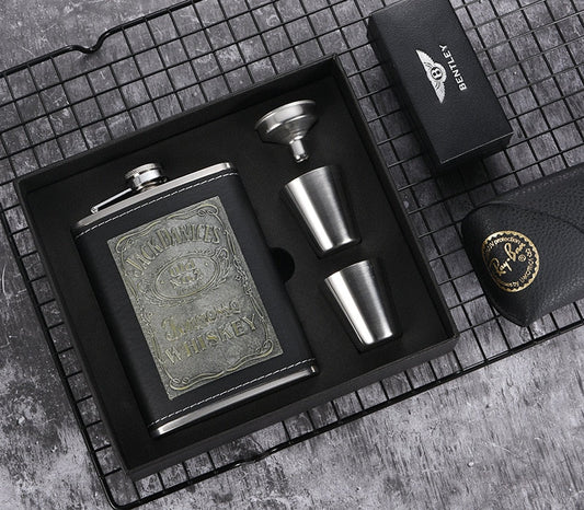 Skorter | 8oz Whisky Bottle made of Stainless Steel Alcohol Funnel Hip Flask Embroidered Golden Silk Fabric Packaging Gift Box Set