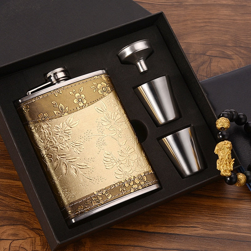 Skorter | 8oz Whisky Bottle made of Stainless Steel Alcohol Funnel Hip Flask Embroidered Golden Silk Fabric Packaging Gift Box Set