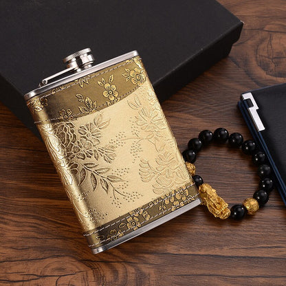 Skorter | 8oz Whisky Bottle made of Stainless Steel Alcohol Funnel Hip Flask Embroidered Golden Silk Fabric Packaging Gift Box Set