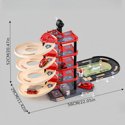 Skorter | FirePark Garage Playset – Multi-Level Fire Station with Fire Trucks & Traffic Signs for Adventurous Kids