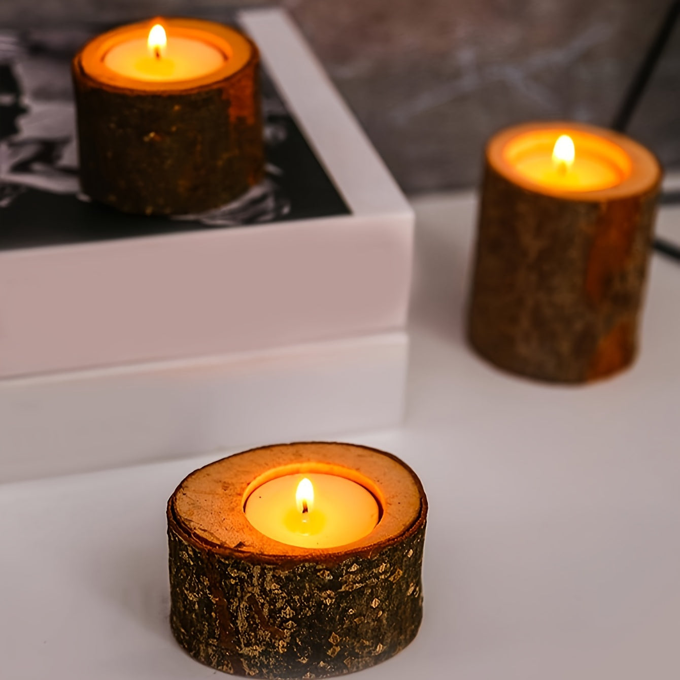 Skorter | 3-piece set rustic bark candle holders – wooden table decoration for Christmas and holidays
