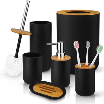 Skørter | 6 Piece Bath Set - Soap Dish Toothbrush Holder Rinsing Cup Lotion Bottle Trash Can Toilet Brush - Practical Toilet Set for Home Laundry Room, Black