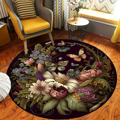 Skorter | Darkness Butterfly Floral Round Rug - Non-slip, Washable, soft and comfortable polyester rug for living room, bedroom, office and children's room