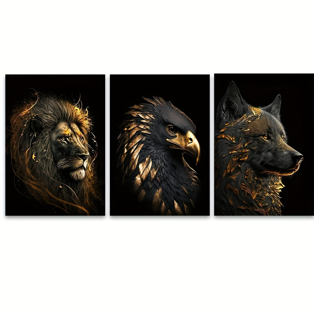 Skorter | 3 pcs Unframed Canvas Poster - Modern Art, Abstract Paintings of The Golden Lion and Eagle, Ideal Gift for Bedroom, Living Room, Hallway, Wall Decoration, Winter Decoration, Room Decor