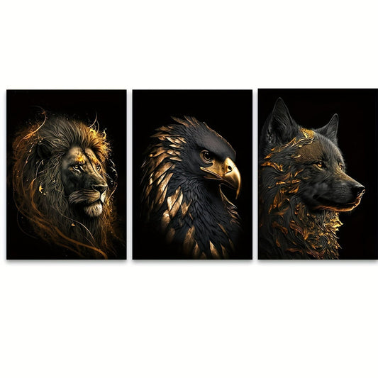 Skorter | 3 pcs Unframed Canvas Poster - Modern Art, Abstract Paintings of The Golden Lion and Eagle, Ideal Gift for Bedroom, Living Room, Hallway, Wall Decoration, Winter Decoration, Room Decor