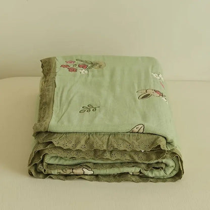 Skorter | Embroidered Bunny Floral Cotton Blanket