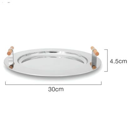 Skorter | Elegant Stainless Steel Round Tray with Wooden Handles