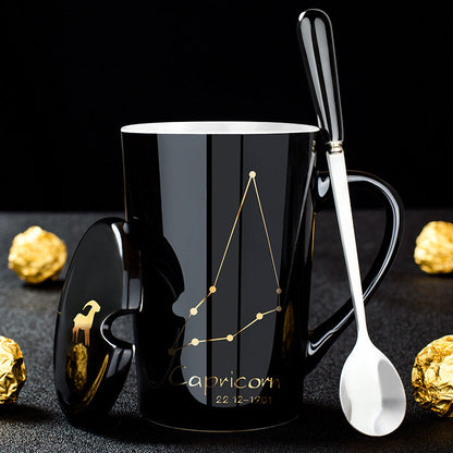 skorter | 12 constellations black ceramic mug with lid spoon