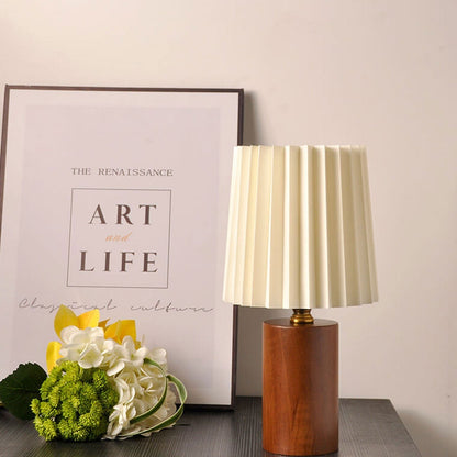 Skorter | Vintage Korean Pleated Column Solid Wood Base 1-Light Table Lamp