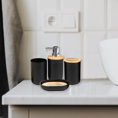 Skorter | 6 Piece Bath Set - Soap Dish Toothbrush Holder Rinsing Container Lotion Bottle Trash Can Toilet Brush - Practical Toilet Set for Home Laundry Room, Black