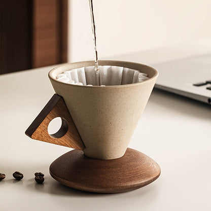 Skorter | BaristaLuxe Ceramic Coffee Cup 250ml – Handmade with Wooden Handle and Coaster