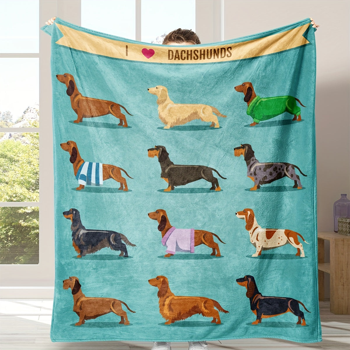 Skorter | Dachshund Fleece Blanket - Soft Flannel with Wiener Dog Print, Blue