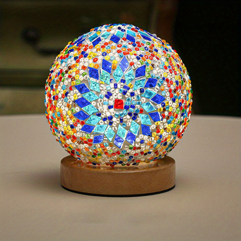 Skorter | Mosaic glass ball table lamp with wooden base - Turkish Moroccan inspired
