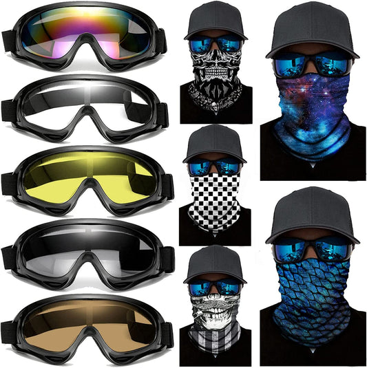Skorter | 10 Packs Motorcycle Accessories, 5PCS Mountain Bike Ski Goggles Dustproof Windproof Safety Glasses and 5PCS Face Masks