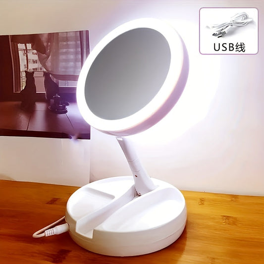 Skorter | Foldable Makeup Mirror with LED Lighting and Storage Box – Double-Sided 1X and 10X Magnifying Mirror for Table or Vanity