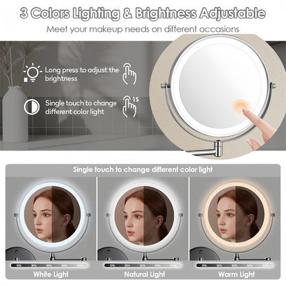 Skorter | Rechargeable Wall Mounted Shaving Mirror | 360° Rotation. 1X/10X Magnification & Adjustable LED Lighting for Bathroom Use
