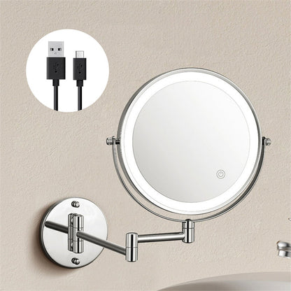 Skorter | Rechargeable Wall Mounted Shaving Mirror | 360° Rotation. 1X/10X Magnification & Adjustable LED Lighting for Bathroom Use
