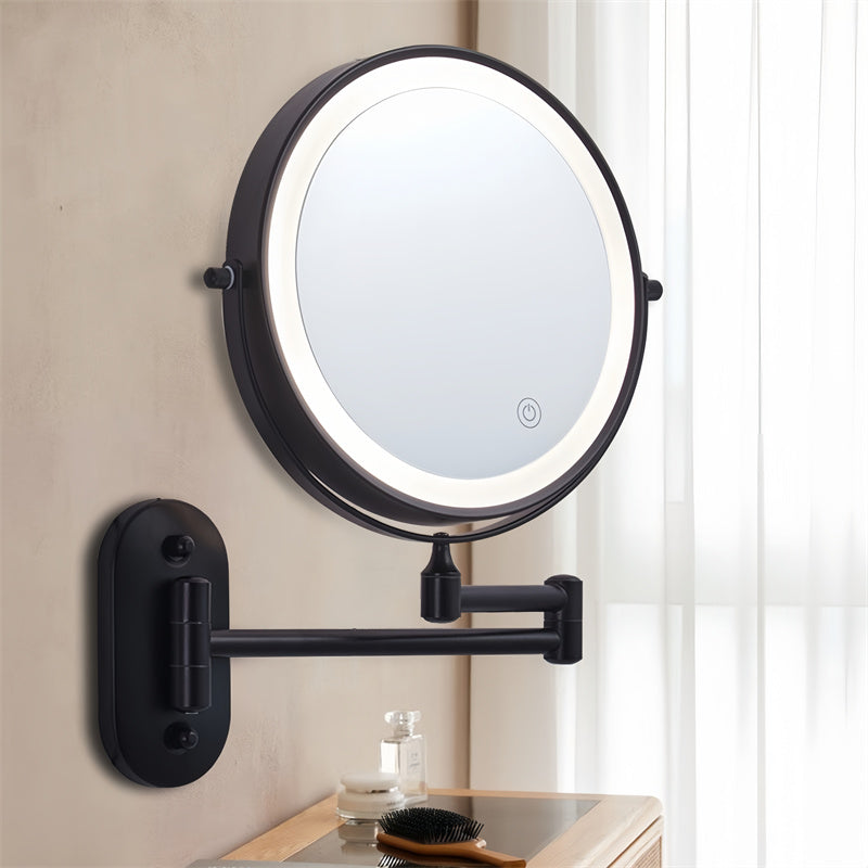 Skorter | Rechargeable Wall Mounted Shaving Mirror | 360° Rotation. 1X/10X Magnification & Adjustable LED Lighting for Bathroom Use