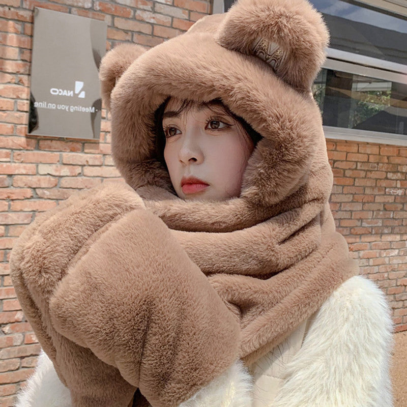 Skorter | 3-in-1 Cure Plush Bear Ear Winter Hat with Scarf & Gloves