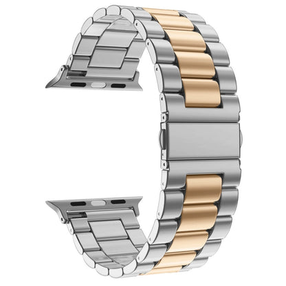 Skorter | Folding clasp 3 pearls stainless steel watch band for Apple Watch Ultra 49mm & Watch Ultra 2 49mm / Series 10 46mm / 9 & 8 & 7 45mm / SE 3 & SE 2 & 6 & SE & 5 & 4 44mm / 3 & 2 & 1 42mm (Silver + Rose gold)