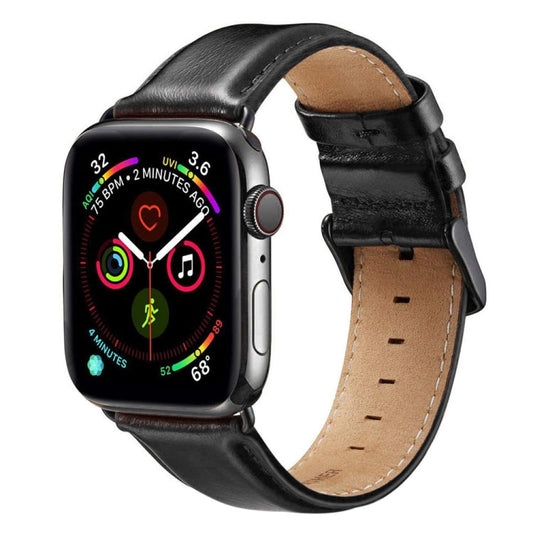 Skorter | Black Buckle Leather Watch Strap for Apple Watch Ultra 49 mm & Watch Ultra 2 49 mm / Series 10 46 mm / 9 & 8 & 7 45 mm / SE 3 & SE 2 & 6 & SE & 5 & 4 44 mm / 3 & 2 & 1 42 mm (Black)