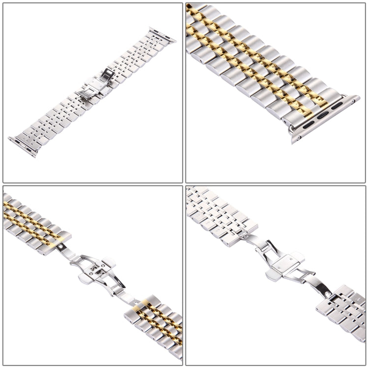 Skorter | 22mm Men Hidden Butterfly Buckle 7 Beads Stainless Steel Watch Band for Apple Watch 38mm(Silver Gold)