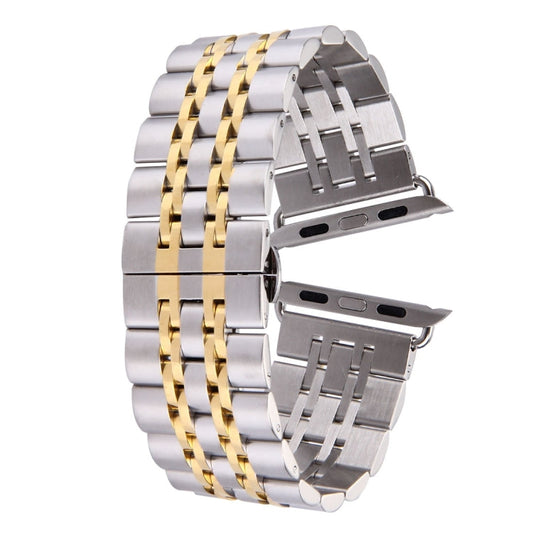 Skorter | 22mm Men Hidden Butterfly Buckle 7 Beads Stainless Steel Watch Band for Apple Watch 38mm(Silver Gold)